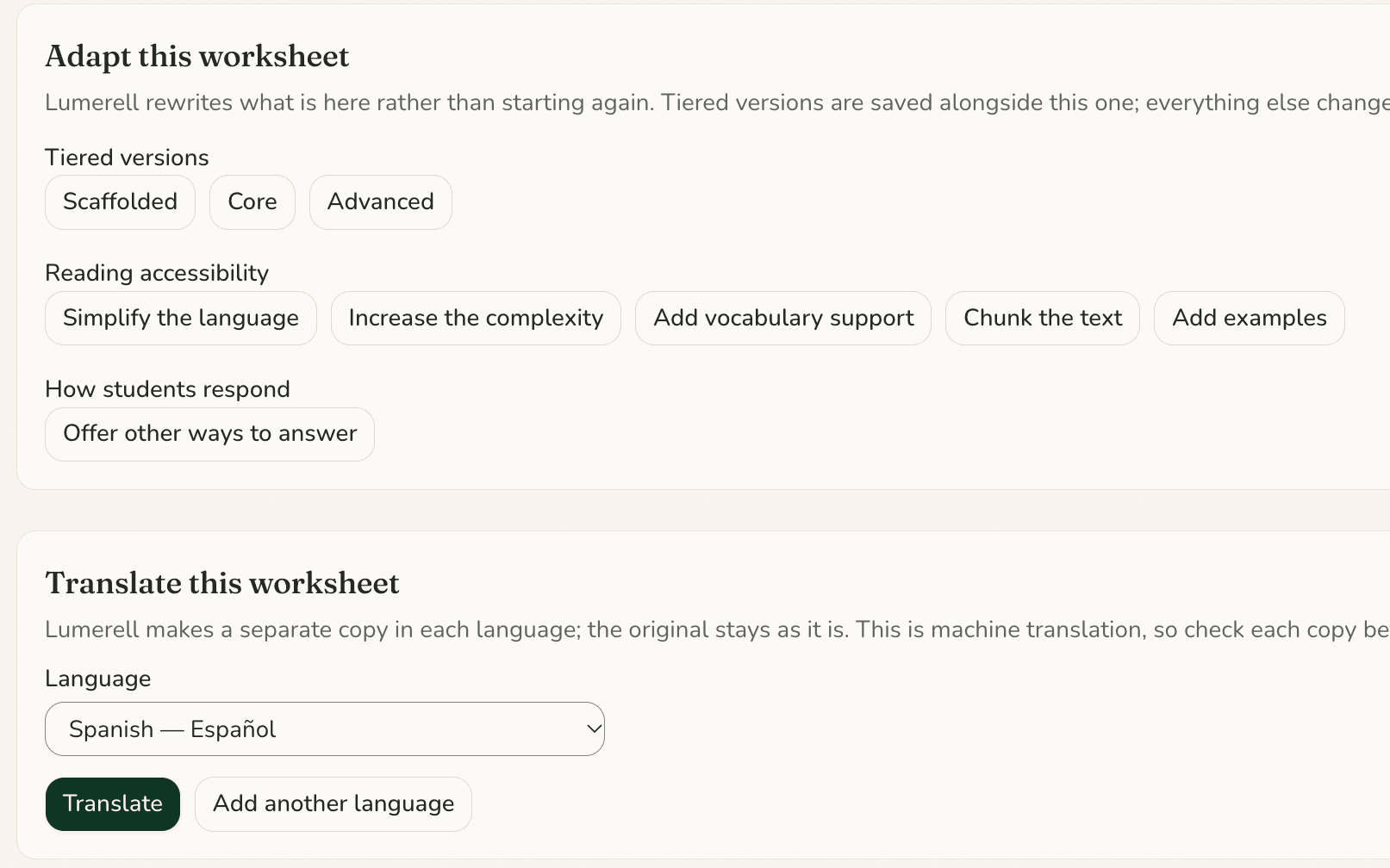 The Adapt panel for a worksheet, with Scaffolded, Core, and Advanced versions, reading options, and Offer other ways to answer, and the Translate panel below it.