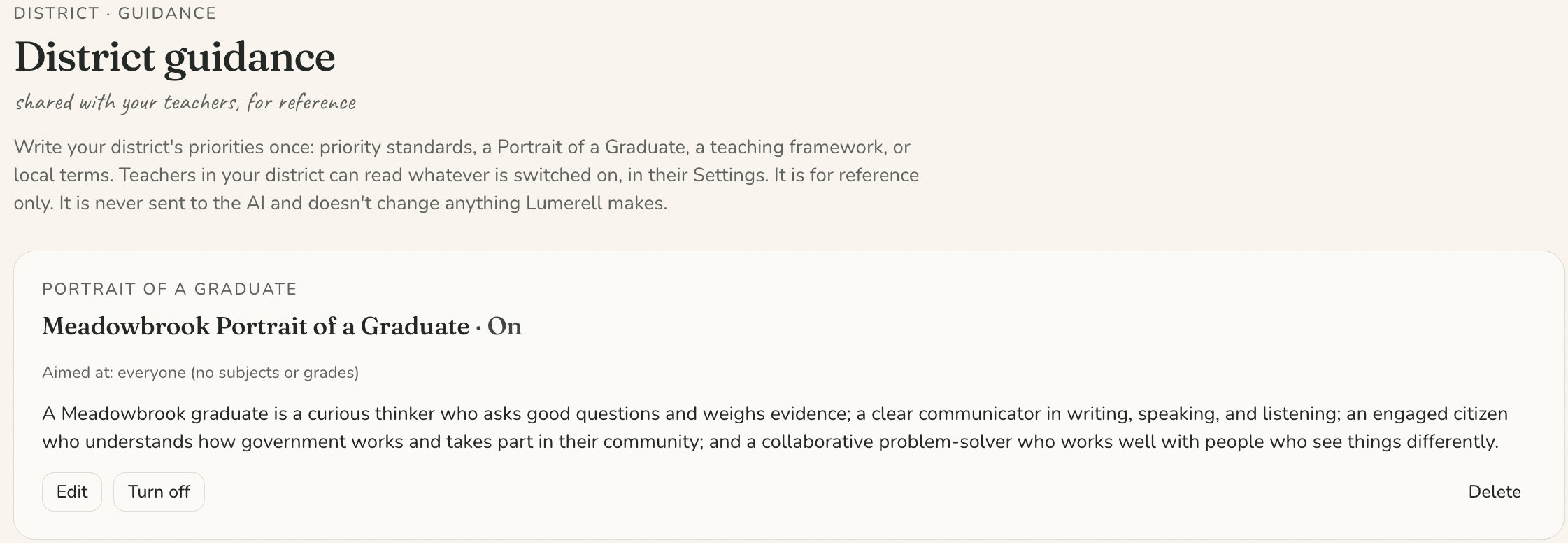 The district guidance page, with a Portrait of a Graduate shared with teachers.