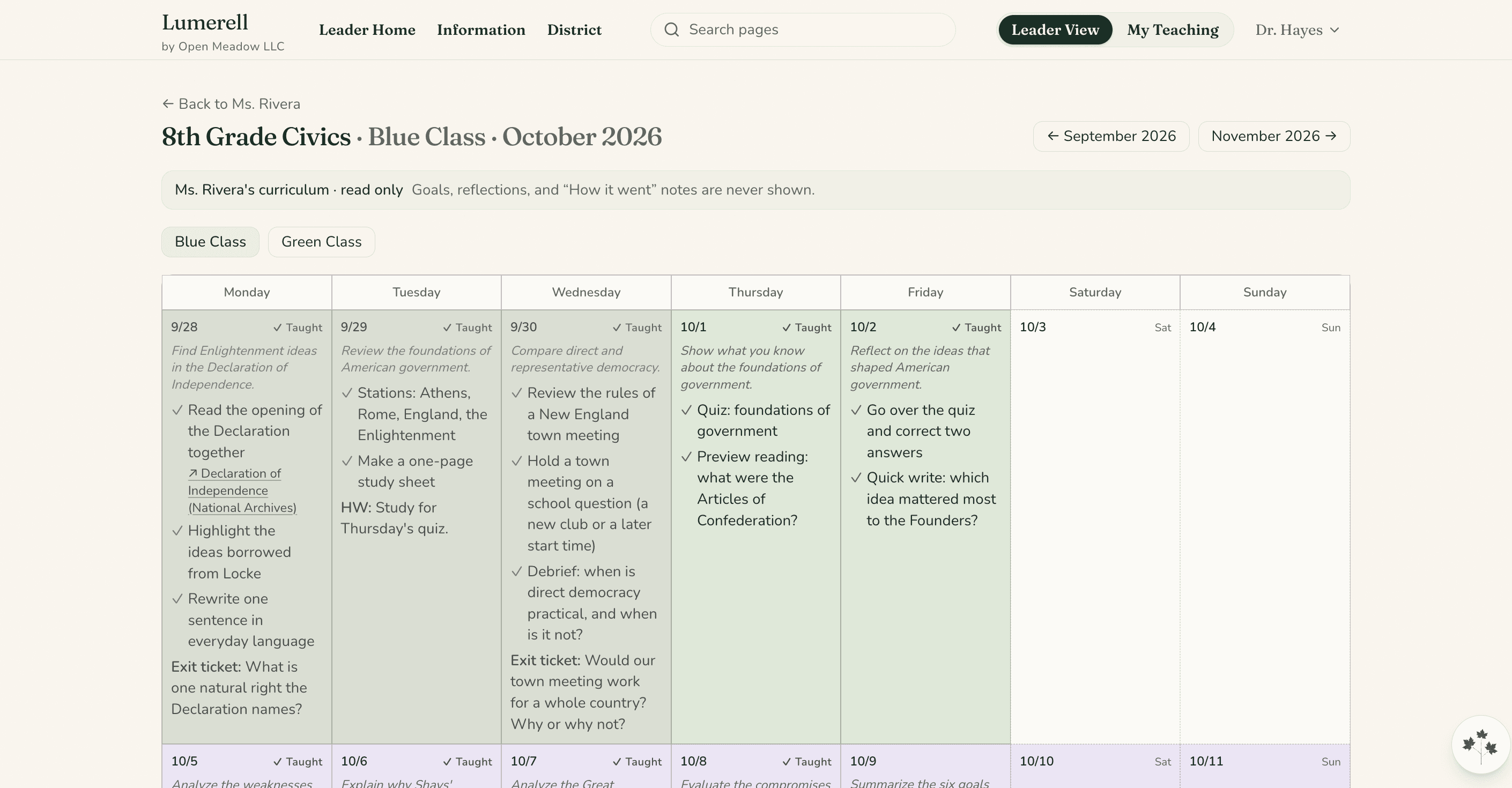 A school leader’s read-only view of a teacher’s civics curriculum map, with a banner saying goals, reflections, and “How it went” notes are never shown.