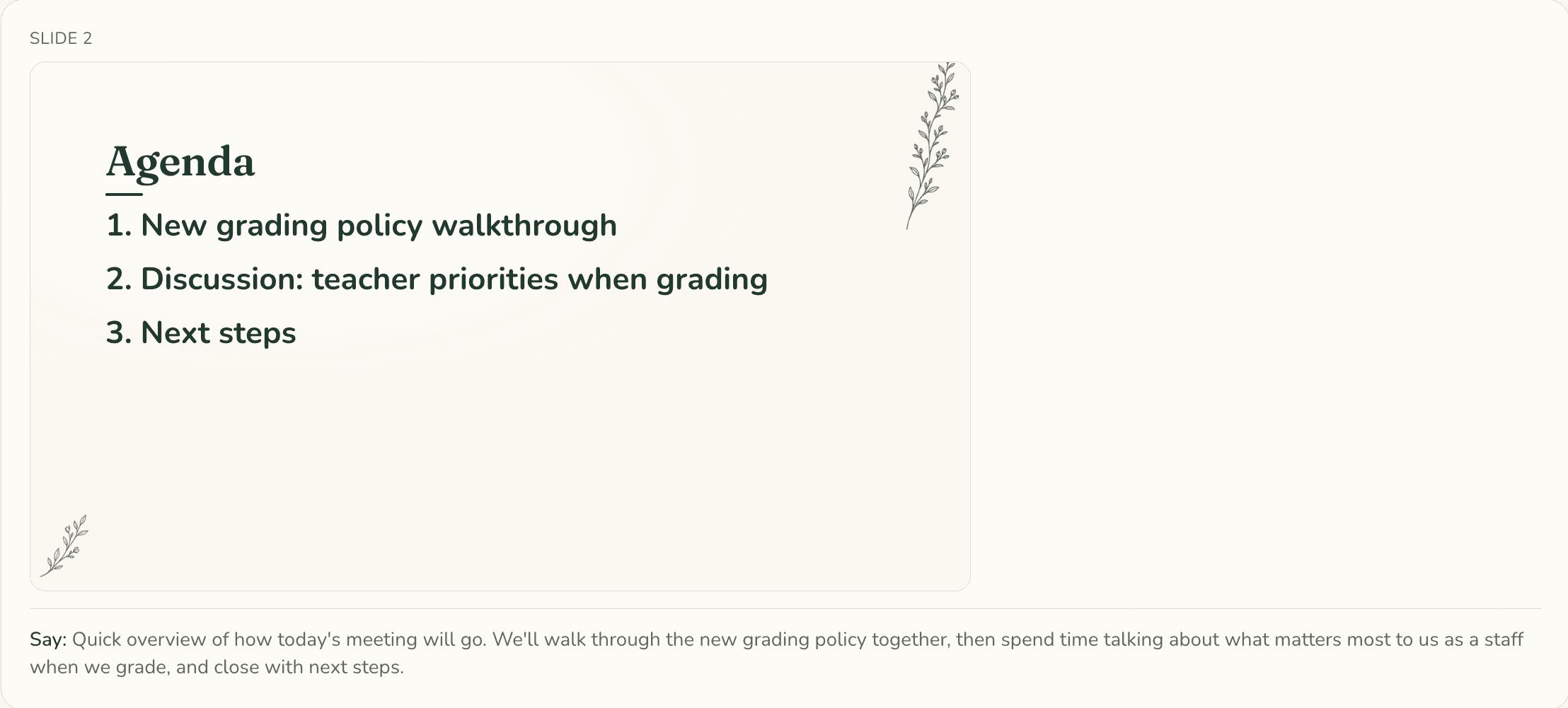 An agenda slide for a staff meeting, with a note for the presenter beside it.
