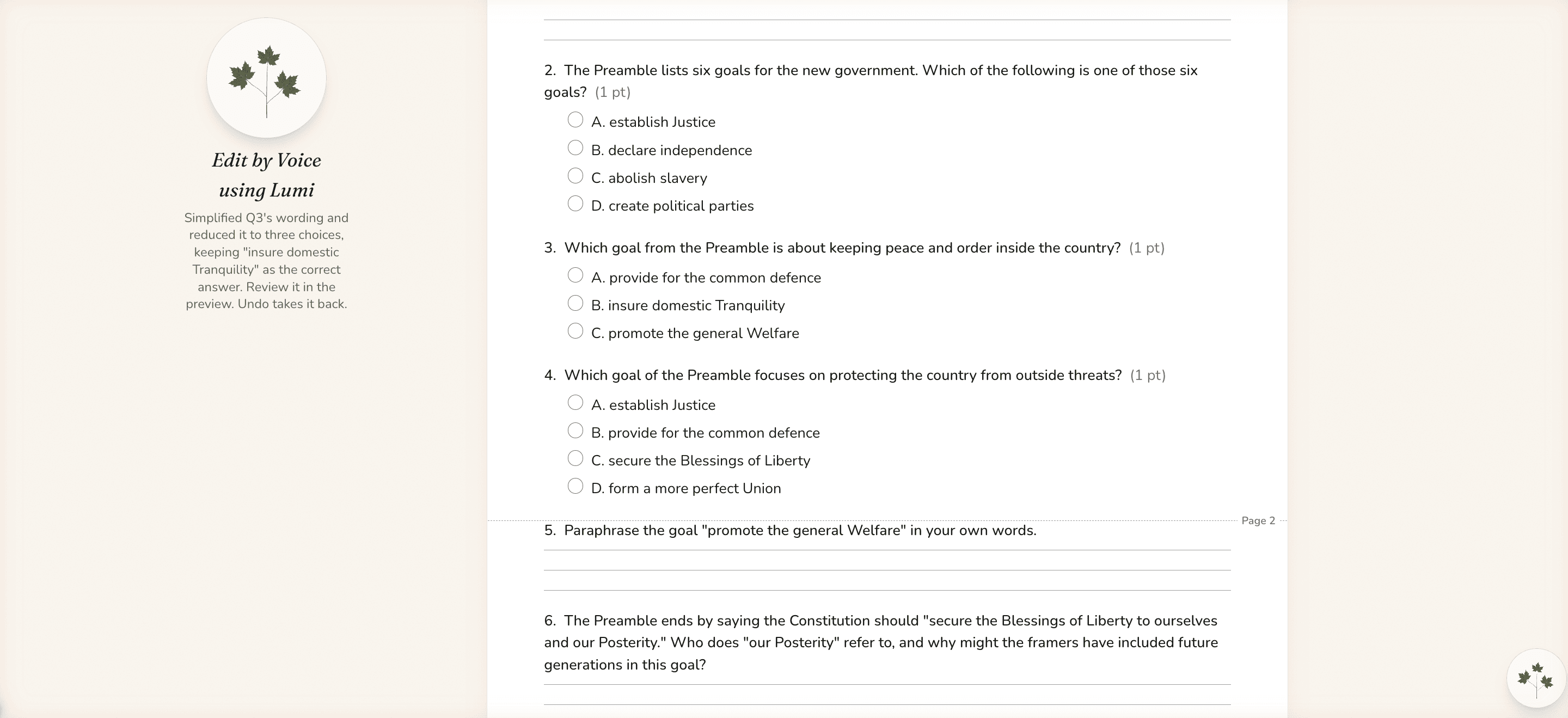 A worksheet where question 3 now asks in simpler words and has three answer choices, with a note on the left saying what Lumi changed.