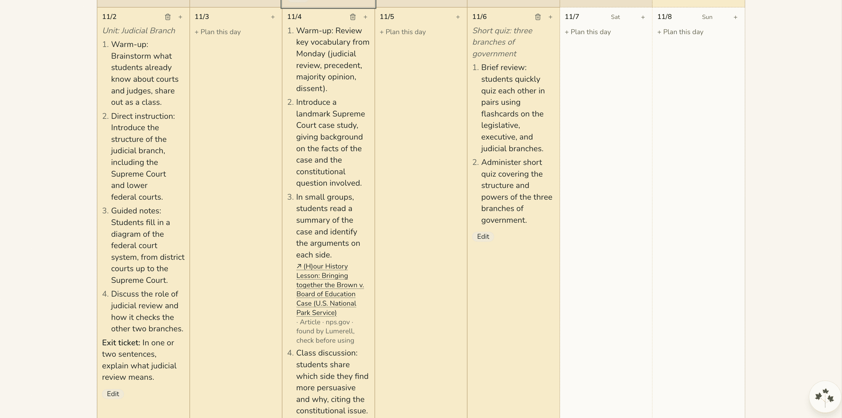 A week where Monday, Wednesday, and Friday now hold full lesson steps written from one typed request.