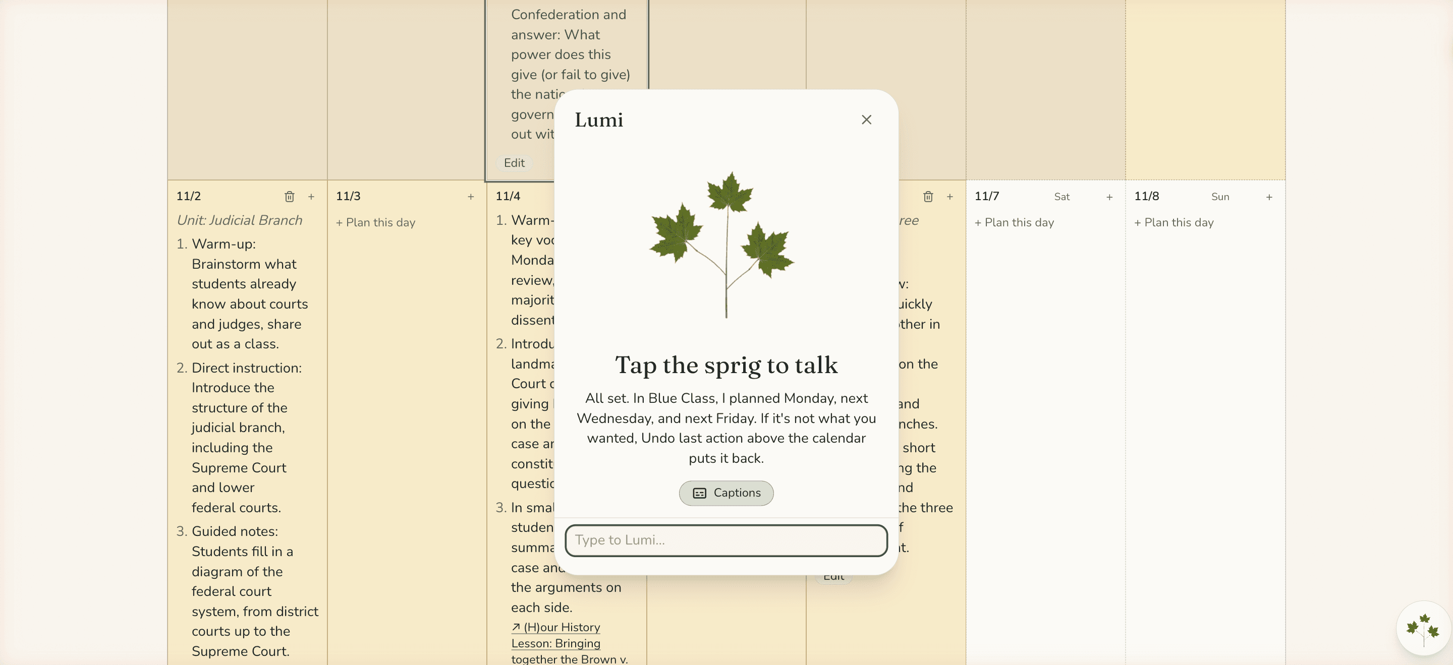 A month calendar with the Lumi panel open, saying it planned Monday, Wednesday, and Friday of the week, with Monday’s lesson beside it.