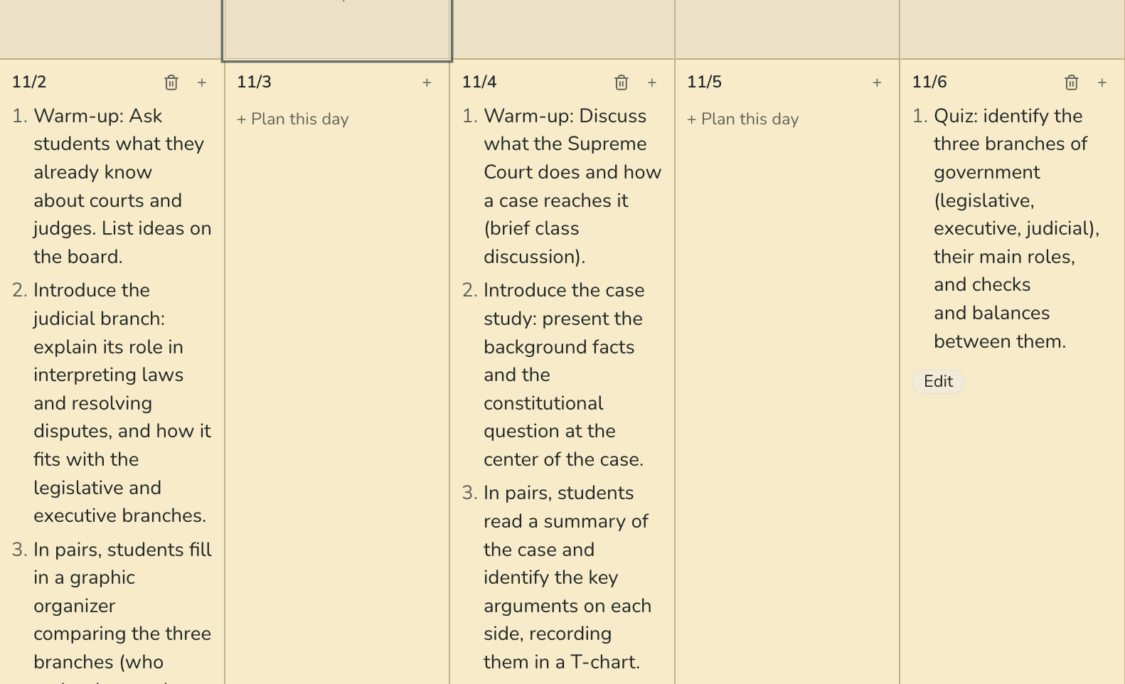 Close-up of three November days, Monday, Wednesday, and Friday, each holding lesson steps written from one typed request.