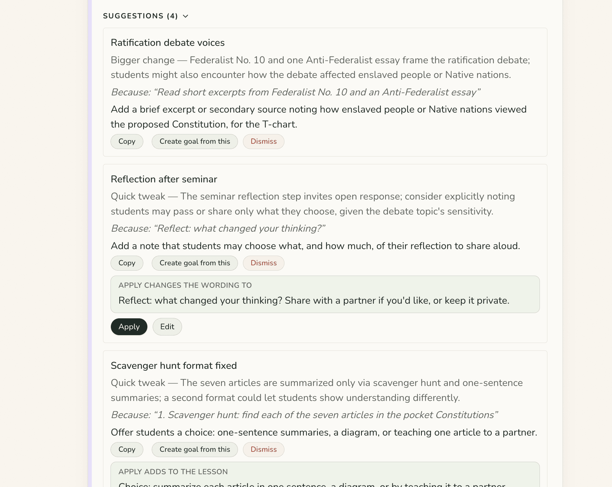 An Inclusion review with suggestions for a Constitution unit, each giving its reason and options to apply or dismiss it.