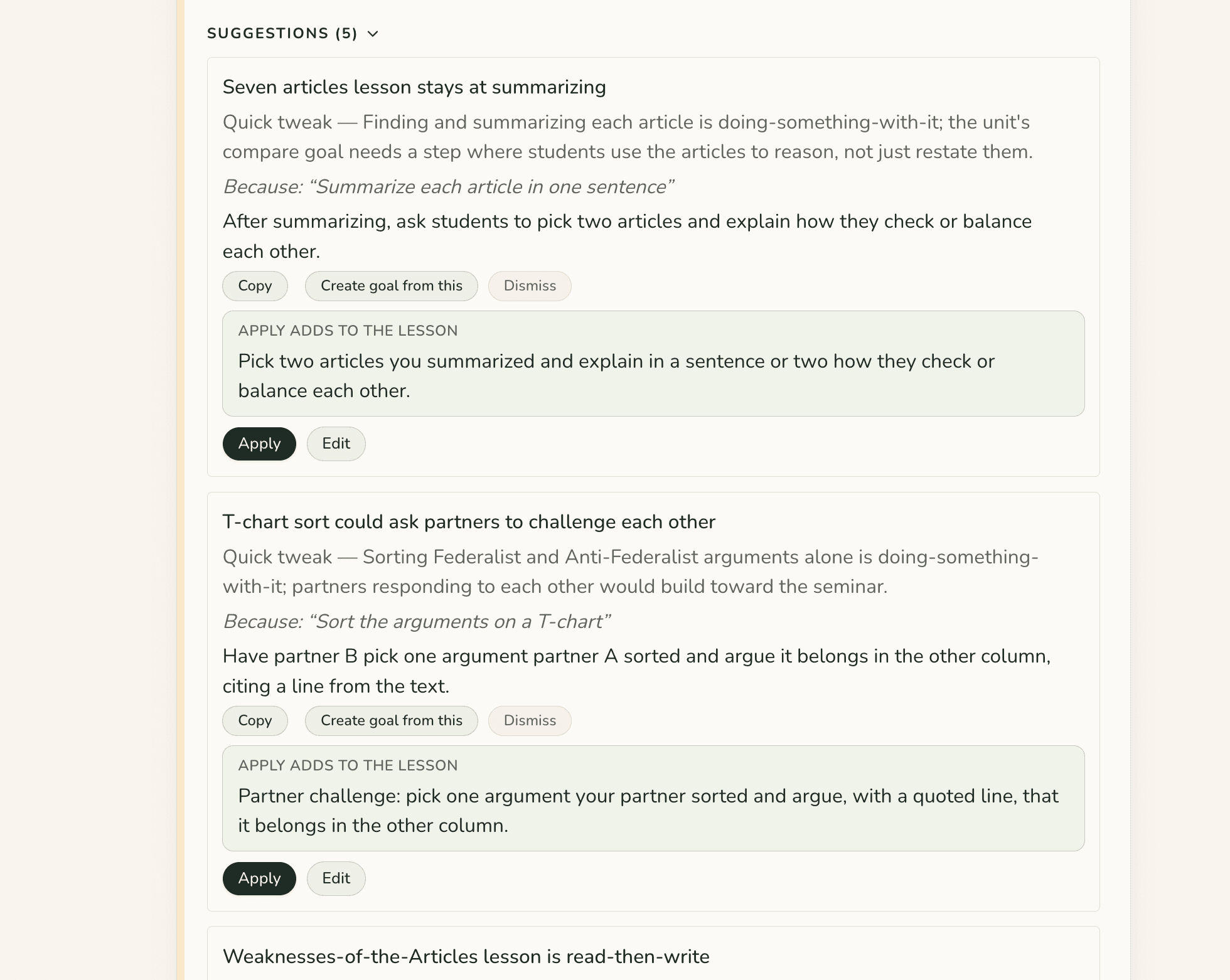 A Learning Modalities review showing two suggestions, each with the reason quoted from the lesson and Apply and Dismiss buttons.