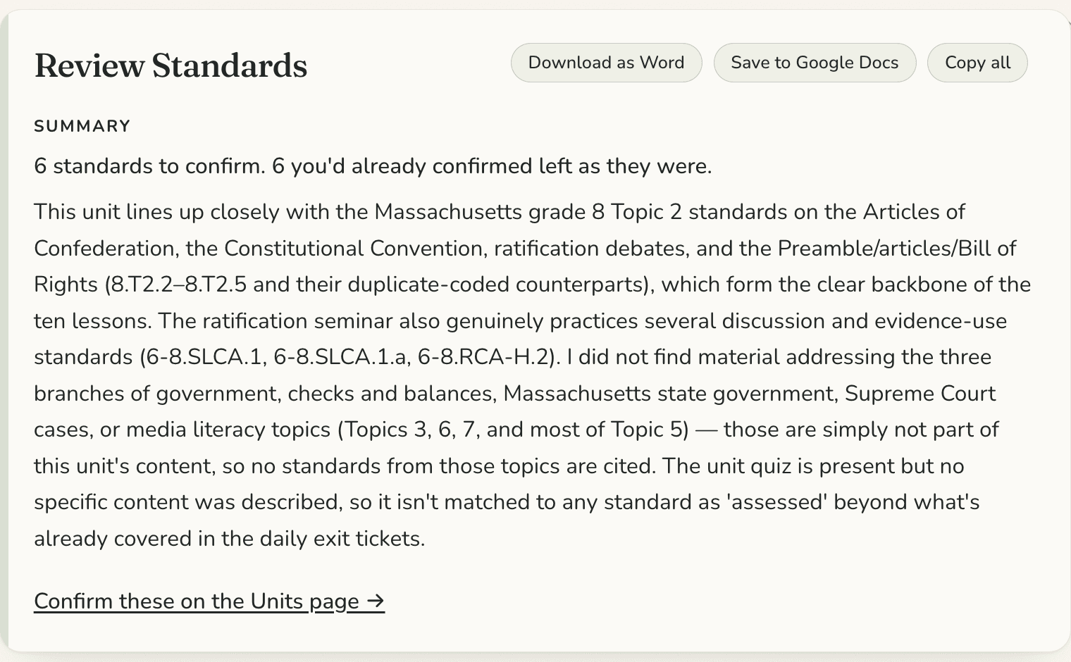 Close-up of a Standards review summary naming the Massachusetts standards a unit lines up with and the topics it does not cover.