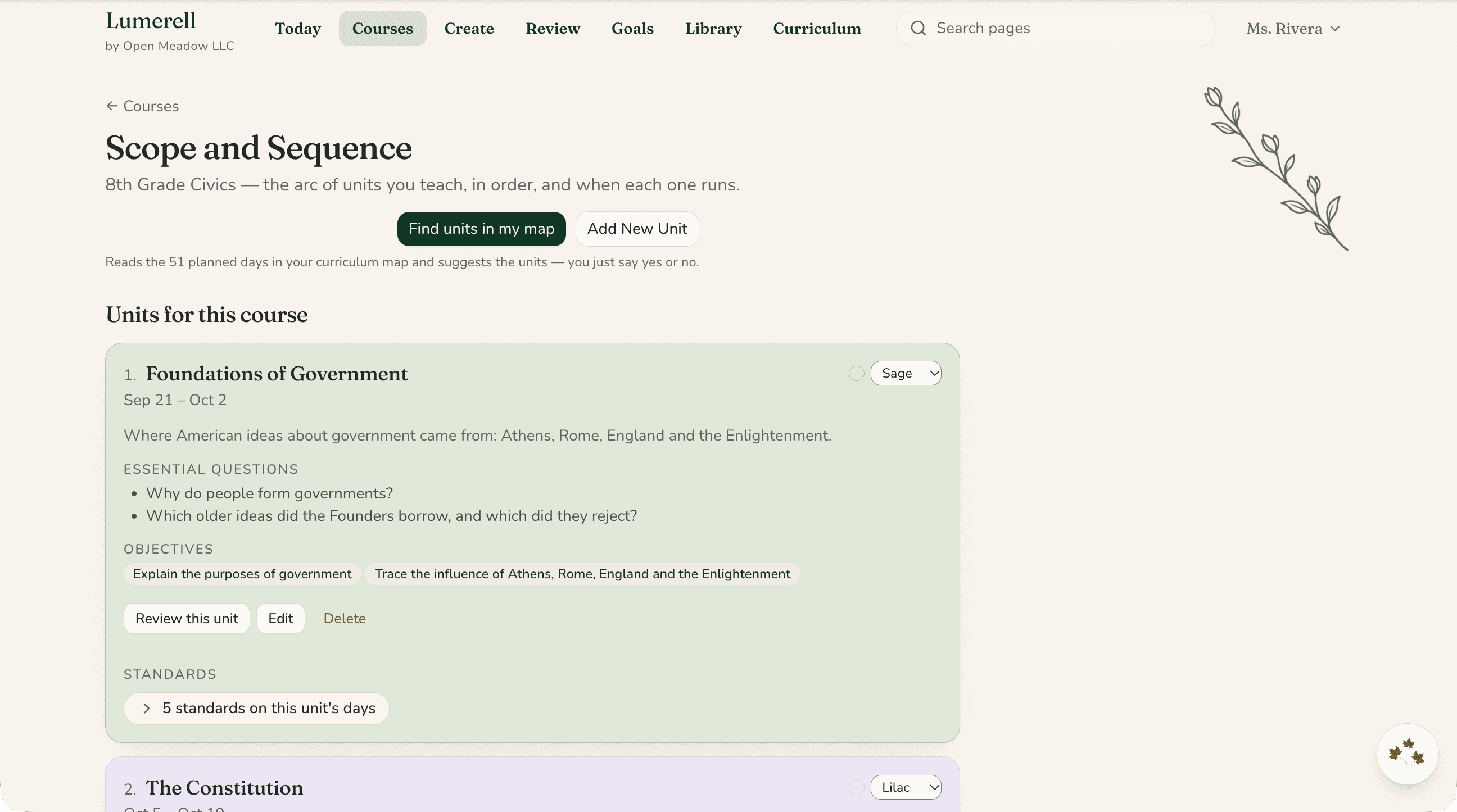 The Scope and Sequence page for a civics course, showing the first unit’s dates, essential questions, and objectives.
