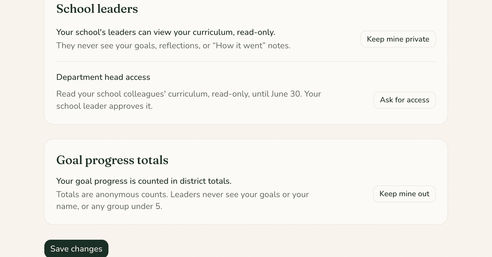 A teacher’s settings showing that school leaders can view their curriculum read-only, with a “Keep mine private” button.