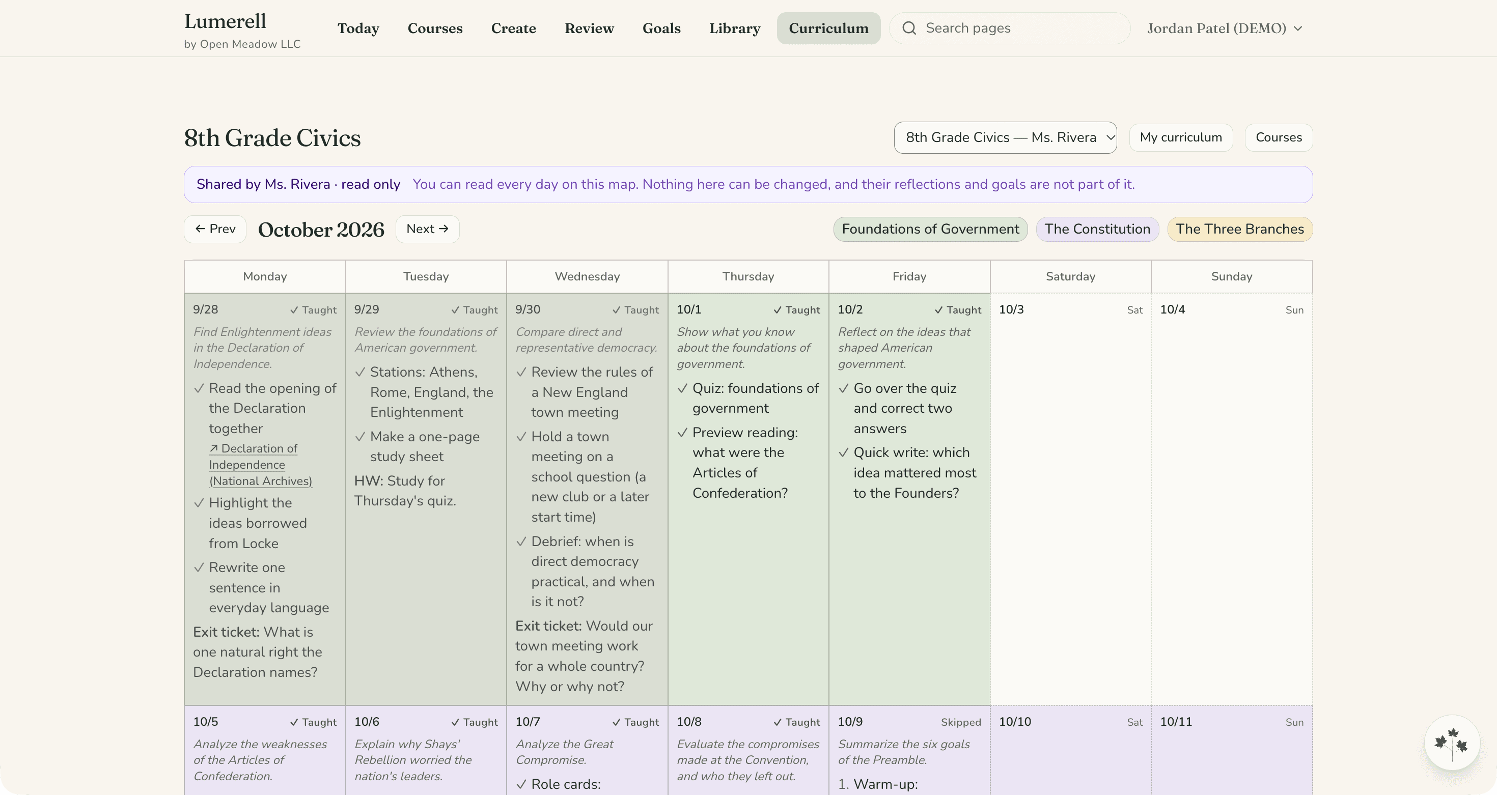 A colleague’s read-only view of a shared course map, with a banner saying it is shared read-only and the month’s lessons below.