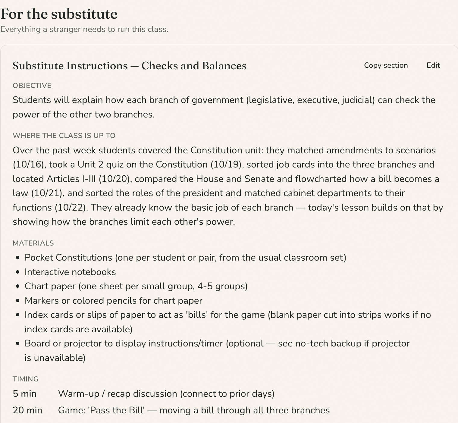 The substitute’s pages of a sub plan: the objective, where the class is up to, and the materials.
