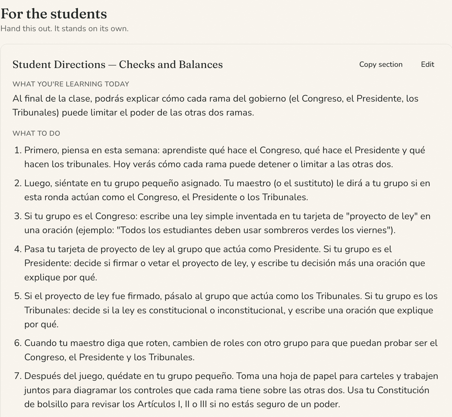 Student directions from a sub plan, with what students are learning and seven steps written in Spanish.