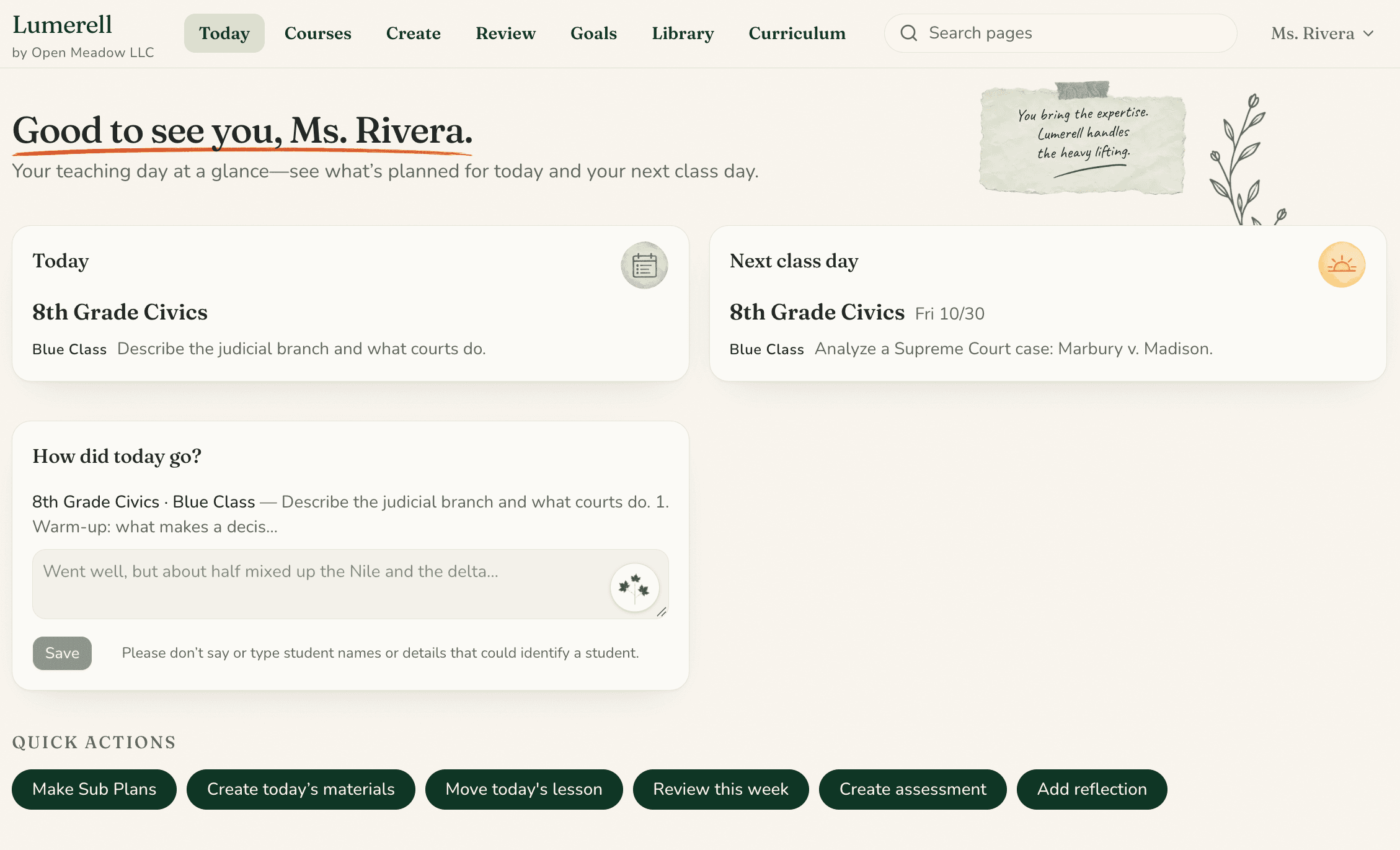 The Today page for a civics teacher: today’s lesson, the next class day, a “How did today go?” box, and six quick actions, from Make Sub Plans to Add reflection.