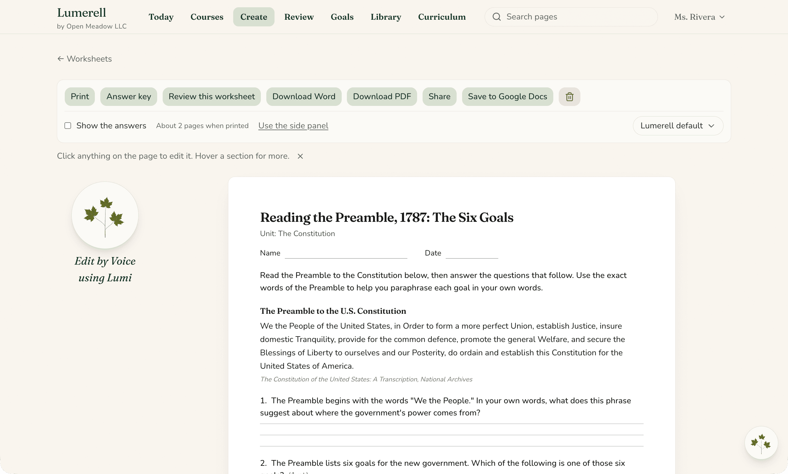 A worksheet titled “Reading the Preamble, 1787: The Six Goals” open for editing, with the Preamble text and the first questions.